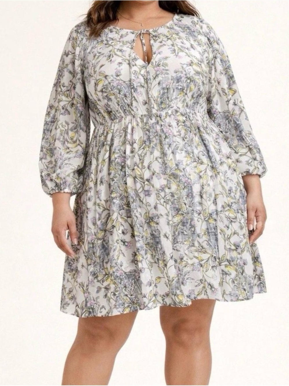 NWT Torrid Mini White Floral Tie-Neck Tiered Long Sleeve Dress Size 4 or 26